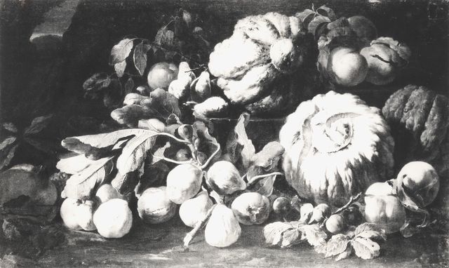 Anonimo — Maestro del Metropolitan - sec. XVII - Natura morta con meloni, fichi e pesche — insieme